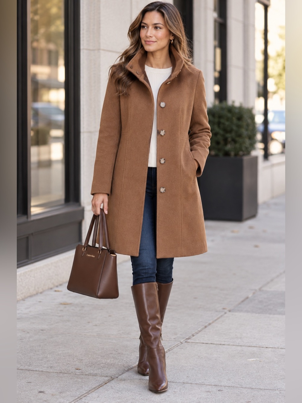 Calvin Klein Camel Brown Wool Blend Stand Collar Mid Length Coat NWOT Sz Large